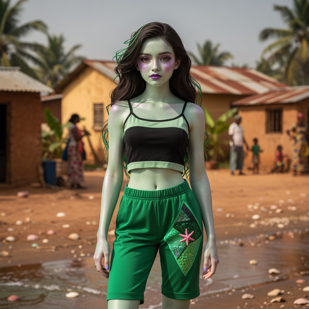 At Human World in Ivorian Village 
She wears a black and pale green cropped camisole, high-waist green capri pants that has a