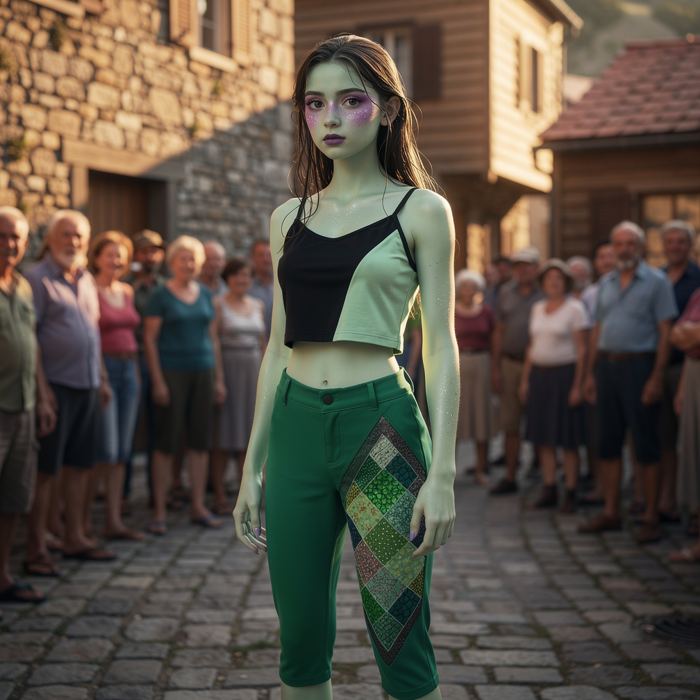 She As human in Village a lot of people want to Back Youande  She wears a black and pale green cropped camisole, high-waist g