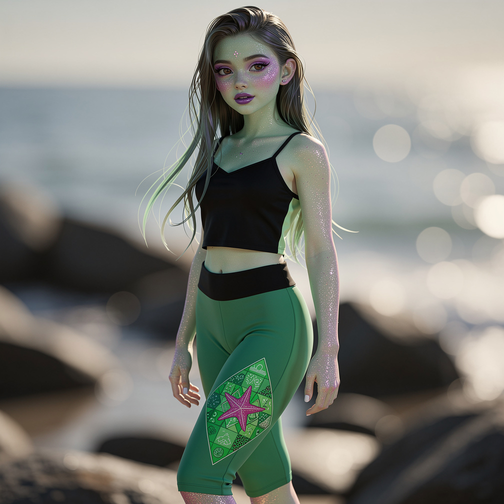 She wears a black and pale green cropped camisole, high-waist green capri pants that has a green diamond with multiple differ