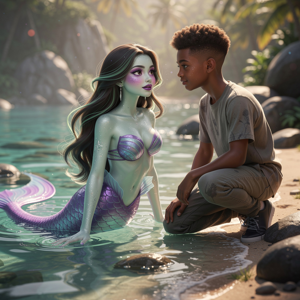 Imagine if: Ivorian, Samuel and Mimi Two teenager half sea lagoona and half human 
Mimi: Mermaid is a slender teenage girl wi