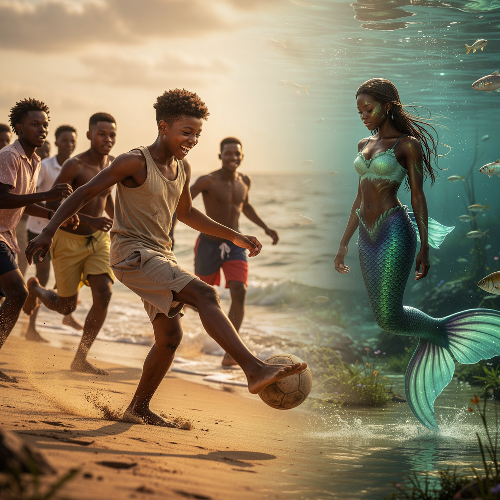 Human guy named Samuel  Playing Football with His Friends at beach