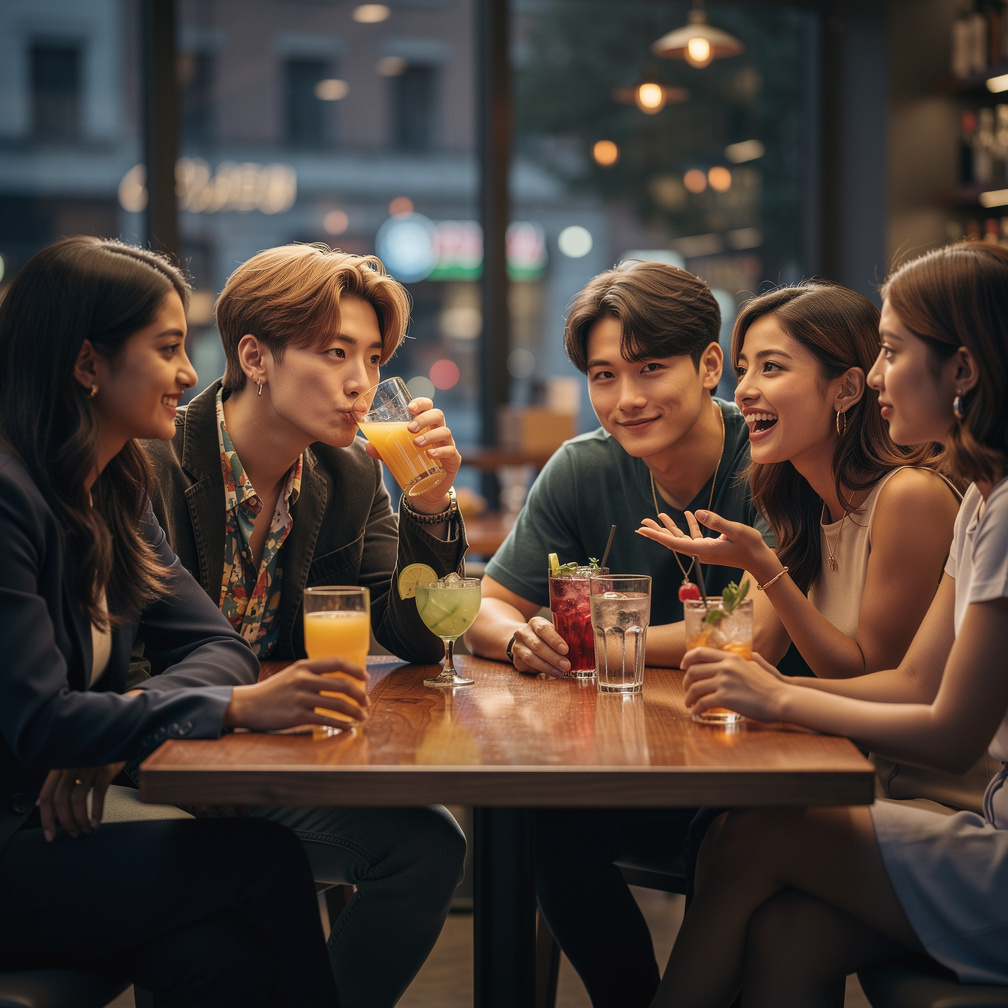 Bayangkan jika: Sheeru, Jimin, Jungkook, Sheeru ki best friend aur ek doosri larki saath baithe hain. Table par drinks rakhi 