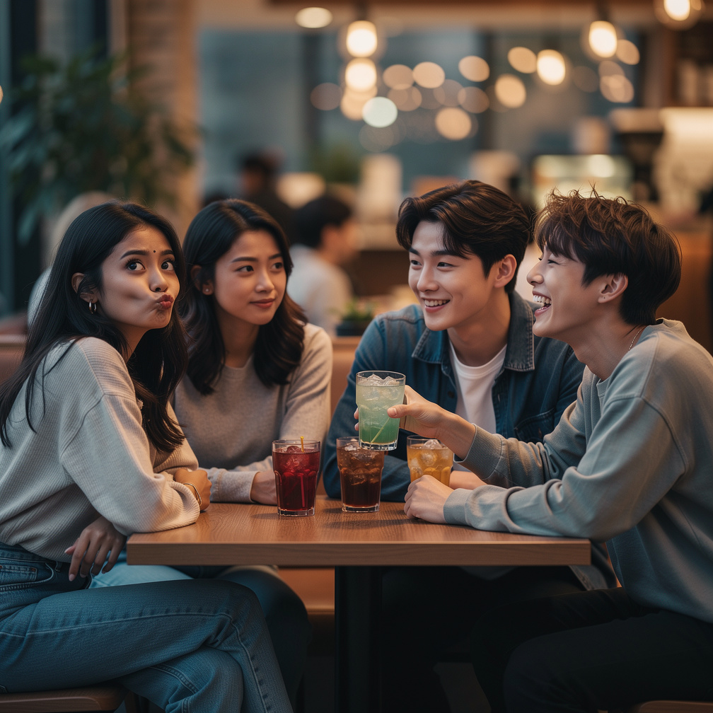 Scene from a story: Sheeru, Jimin, Jungkook, Sheeru ki best friend aur ek doosri larki saath baithe hain. Table par drin. Cur
