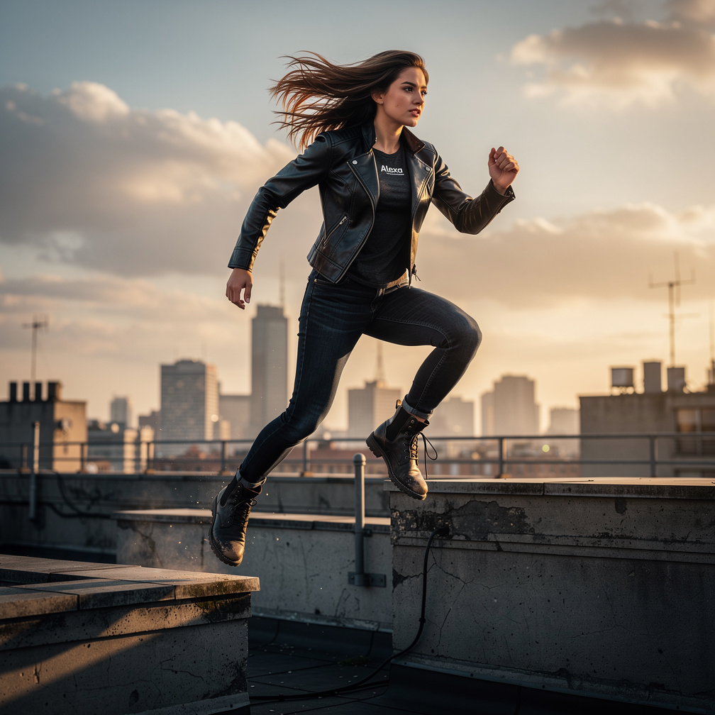 Imagine if: Alexa Women Nude Leather Jacket in Rooftop
Run
Jump