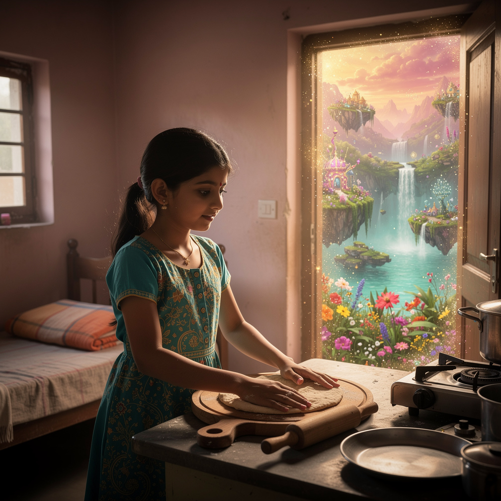 Ek ladki roti bana rahi thi roti banate samay aapne sapno ki duniya me kho jati hai aur usko pata hi nhi chlta ki vho aabi bh