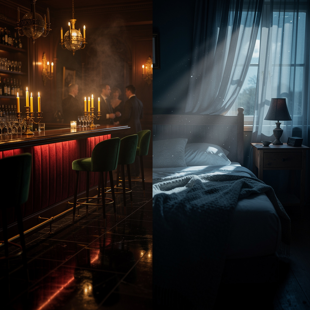 Imagine if: Exclusive high-end club at night — dim warm lighting, velvet seating, candlelit bar, long shadows. Quiet countrys